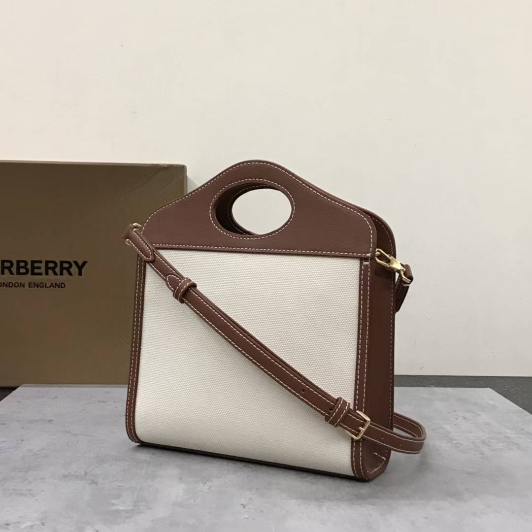 Burberry Brown Pocket Mini Canvas and Leather Top Handle Bag