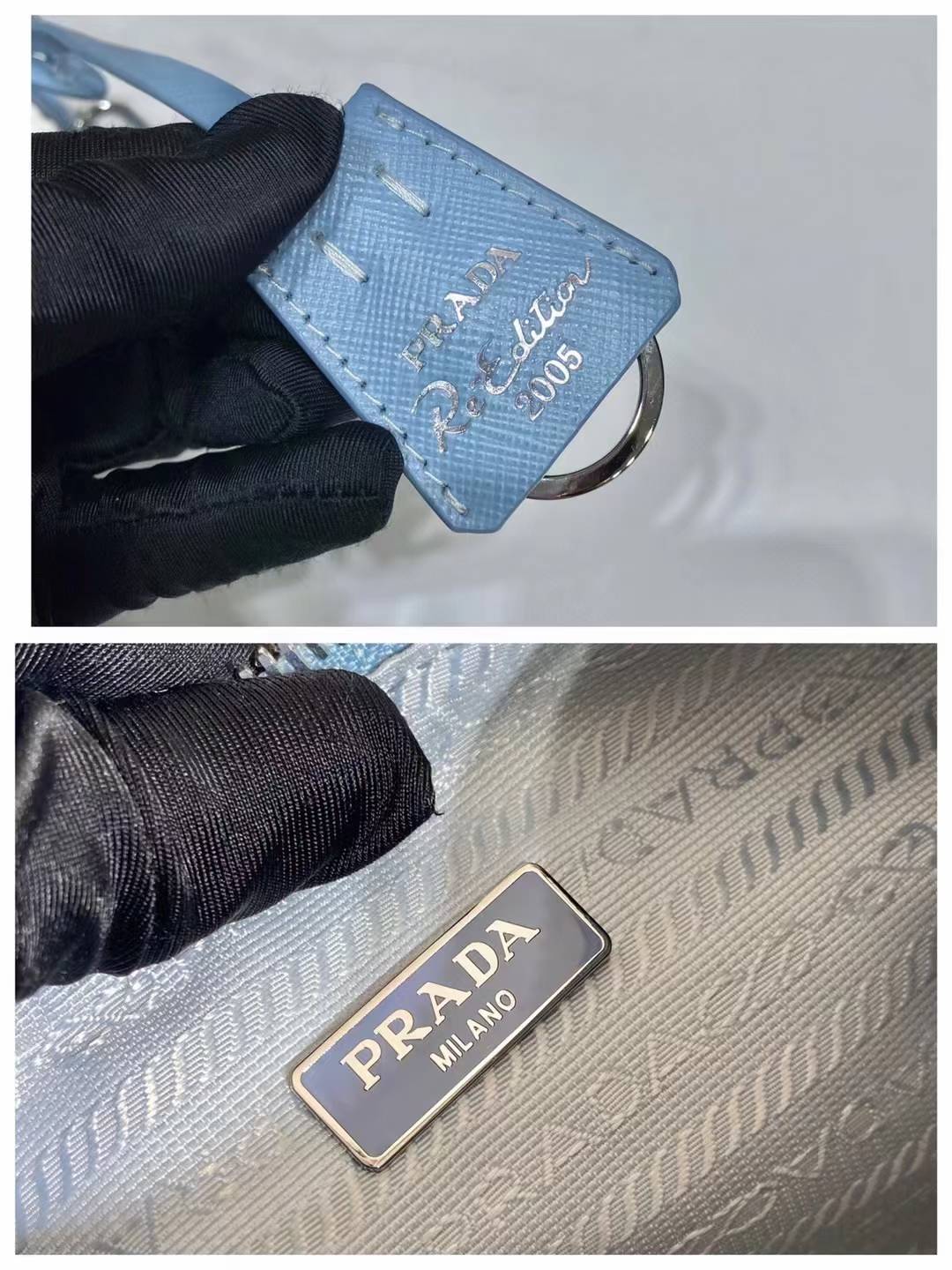 Prada Re-Edition 2005 shoulder bag in blue with white embroidery