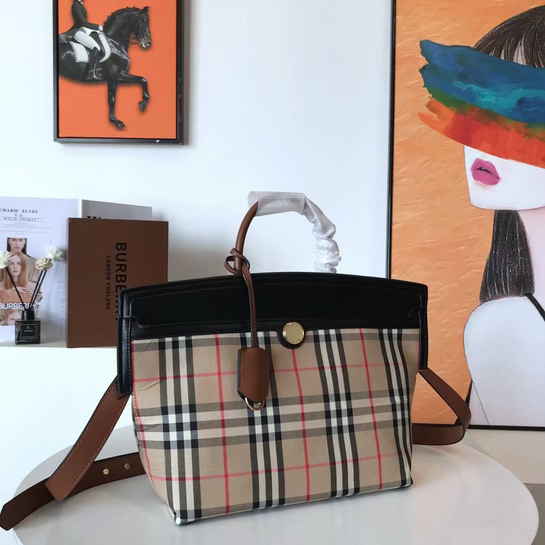 Burberry Small Society Vintage Check Canvas and Leather Top Handle Bag