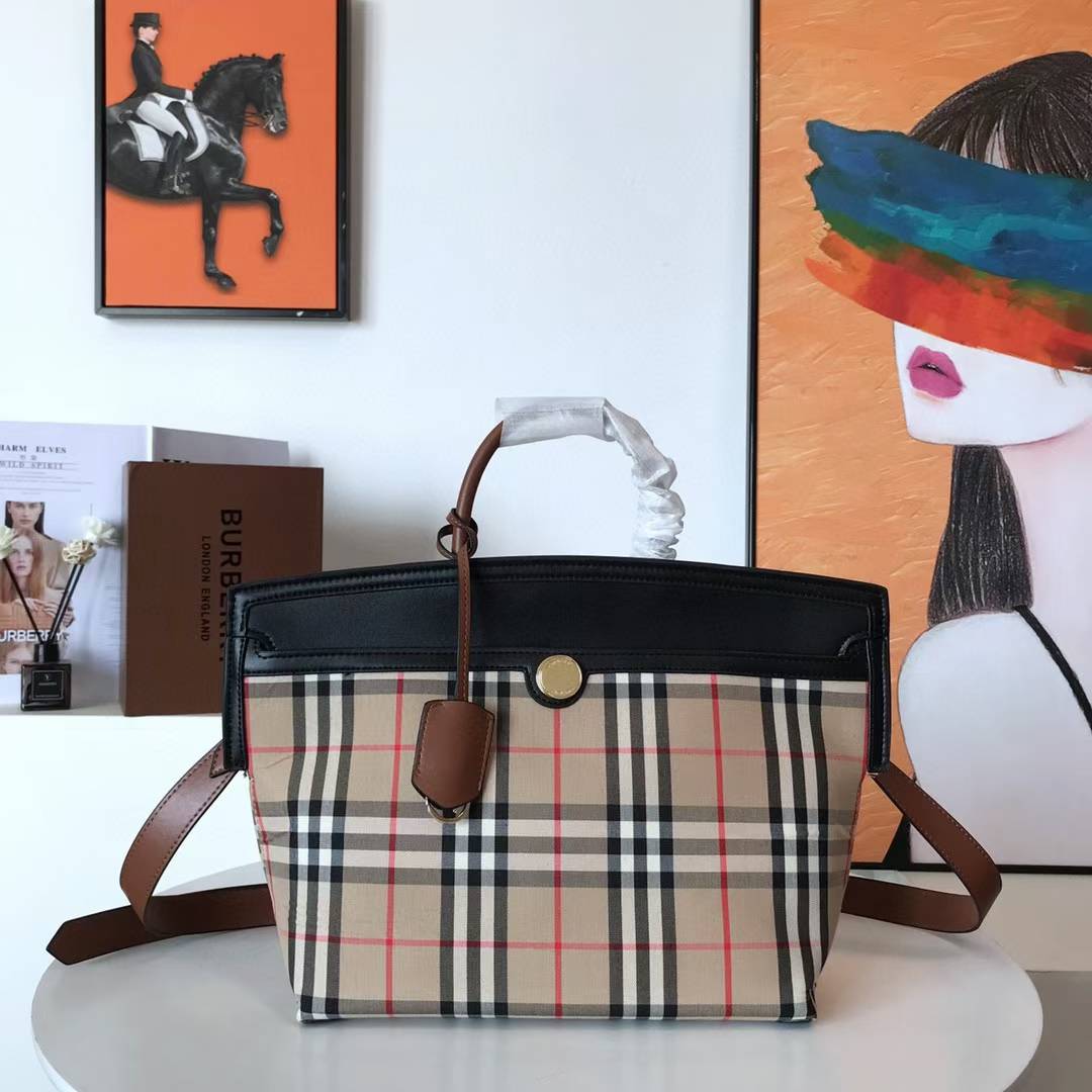 Burberry Small Society Vintage Check Canvas and Leather Top Handle Bag