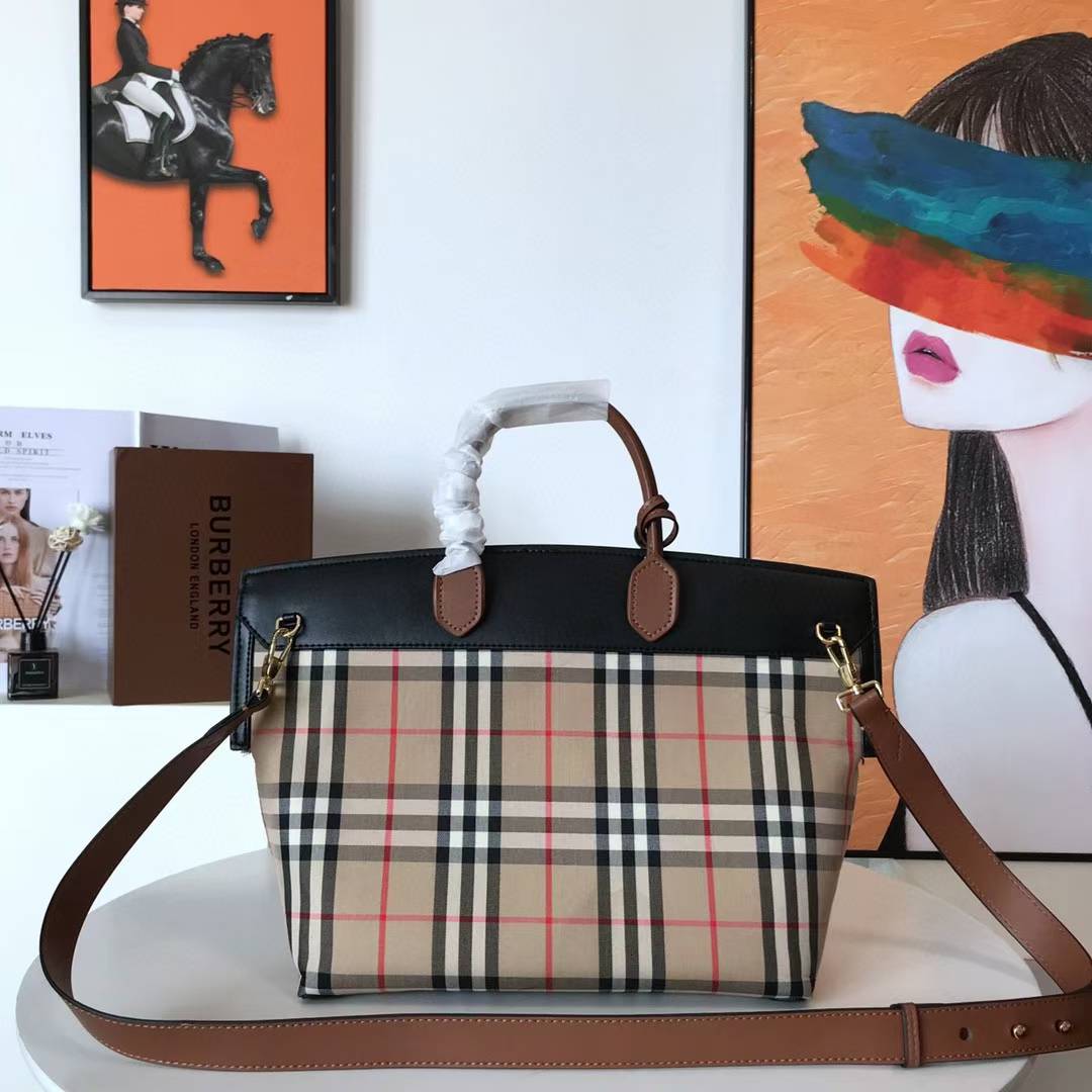 Burberry Small Society Vintage Check Canvas and Leather Top Handle Bag