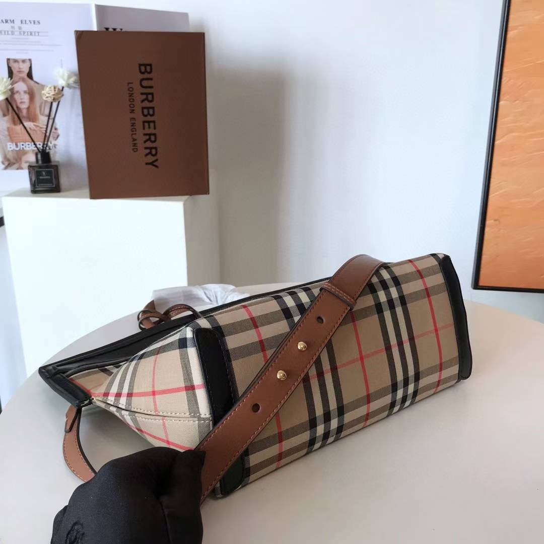 Burberry Small Society Vintage Check Canvas and Leather Top Handle Bag