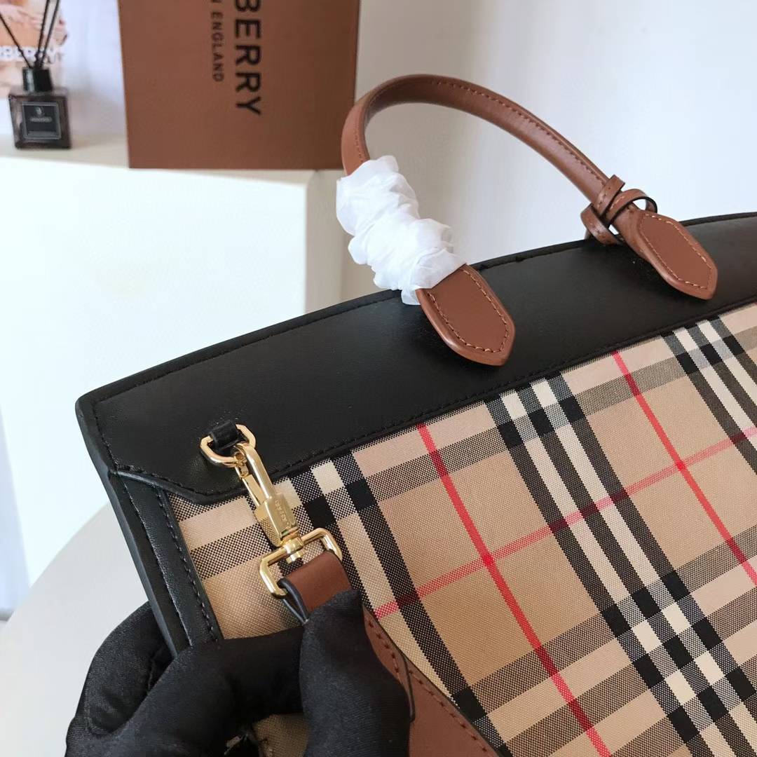 Burberry Small Society Vintage Check Canvas and Leather Top Handle Bag