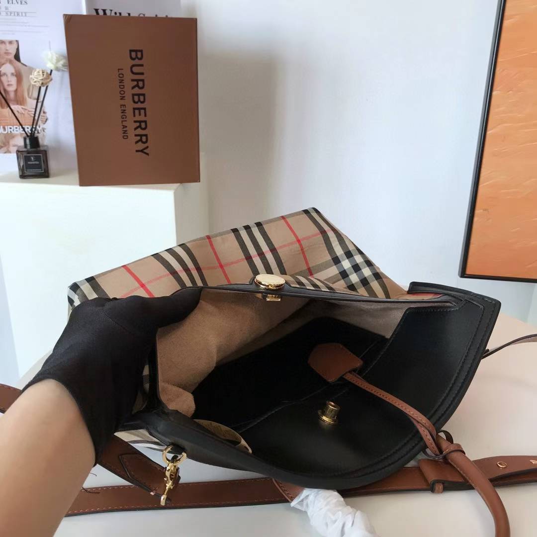 Burberry Small Society Vintage Check Canvas and Leather Top Handle Bag