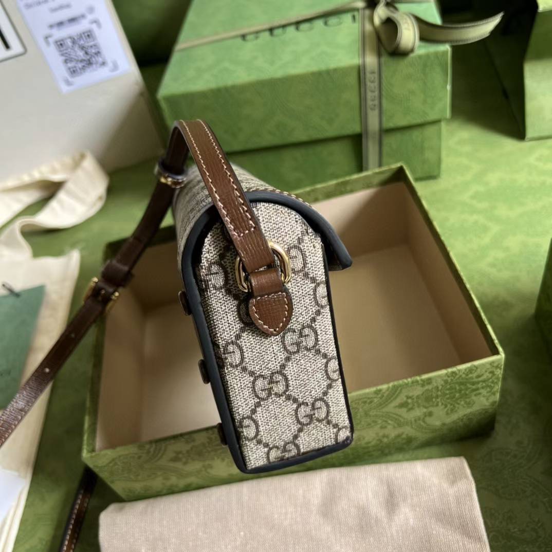 Gucci Horsebit 1955 Mini Bag made with GG Supreme canvas and brown leather trim
