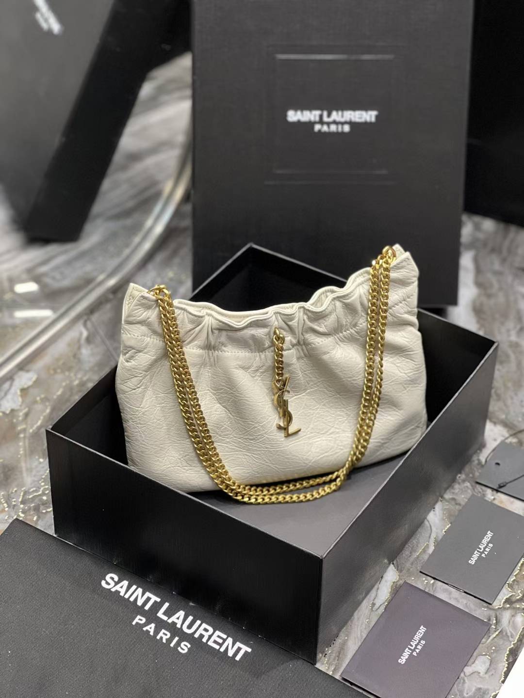 YSL Saint Laurent Pac Pac Ruched Hobo Shoulder Bag.