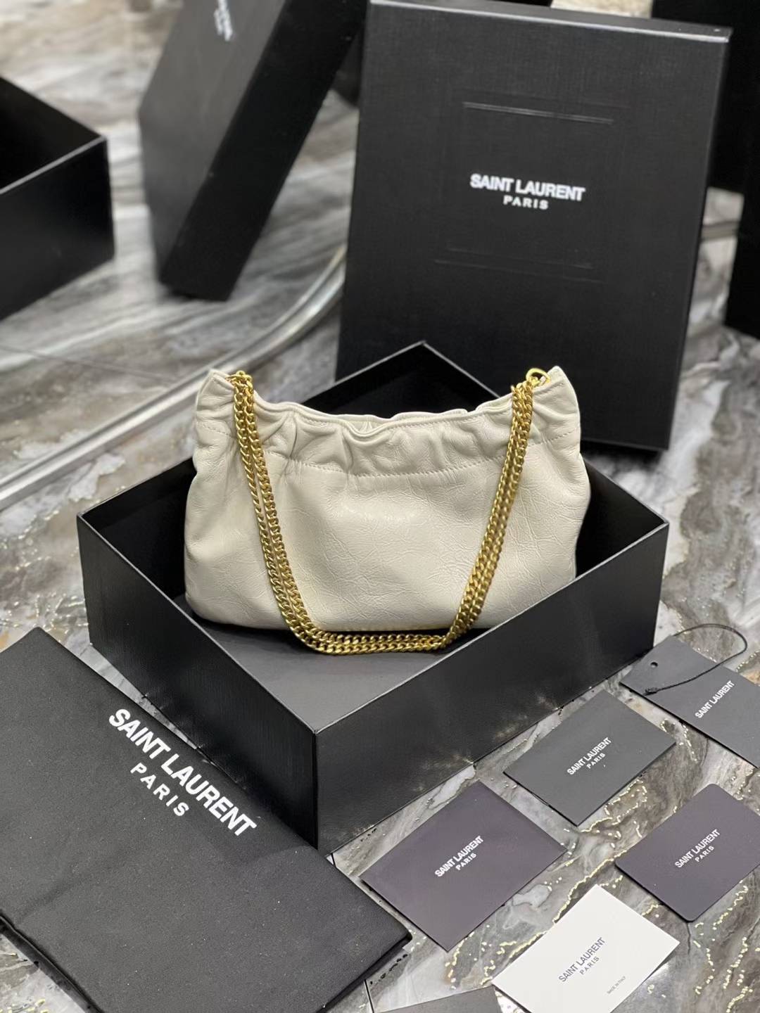 YSL Saint Laurent Pac Pac Ruched Hobo Shoulder Bag.