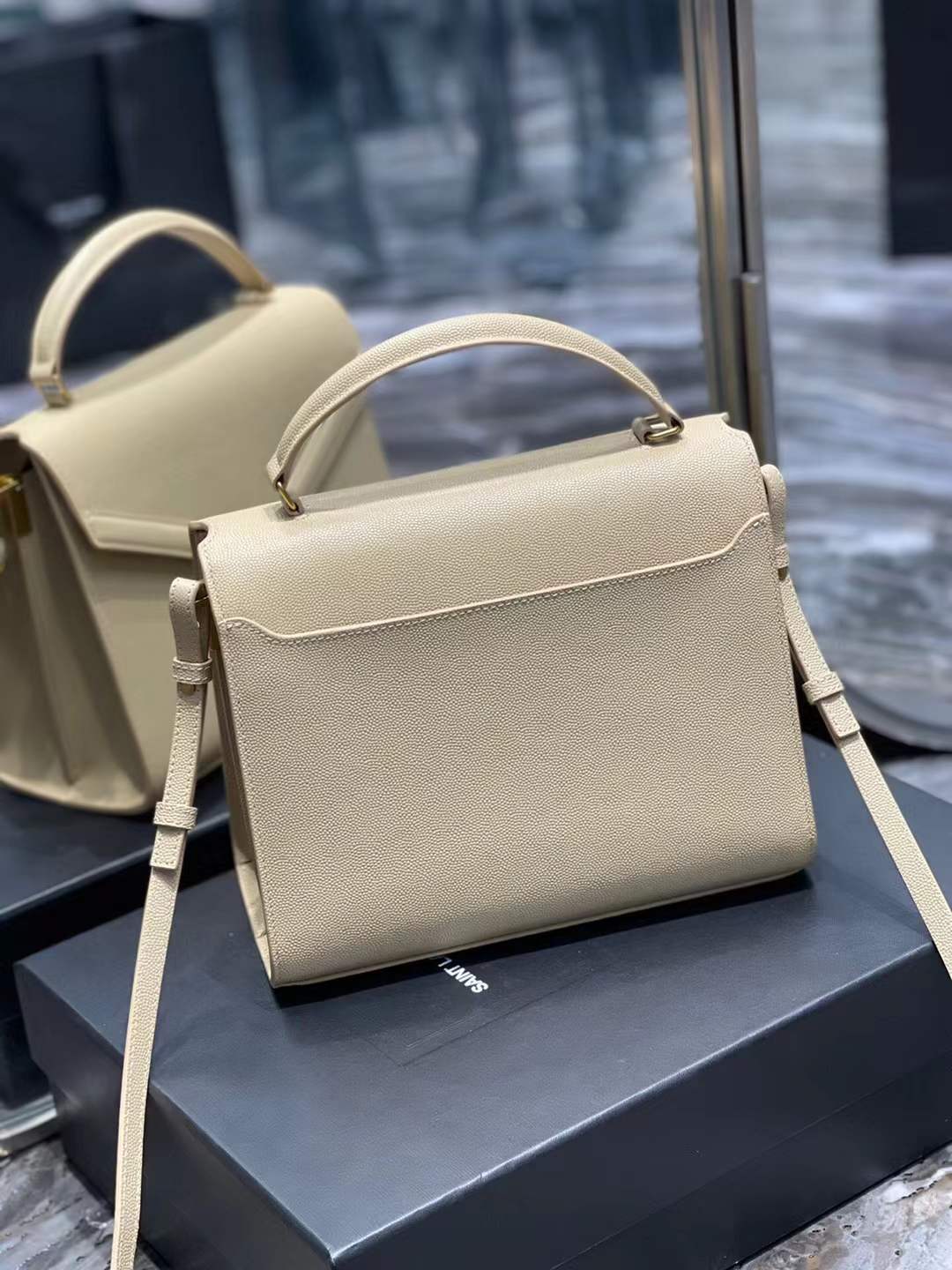 YSL Saint Laurent Cassandra Mini Top Handle Bag beige embossed leather