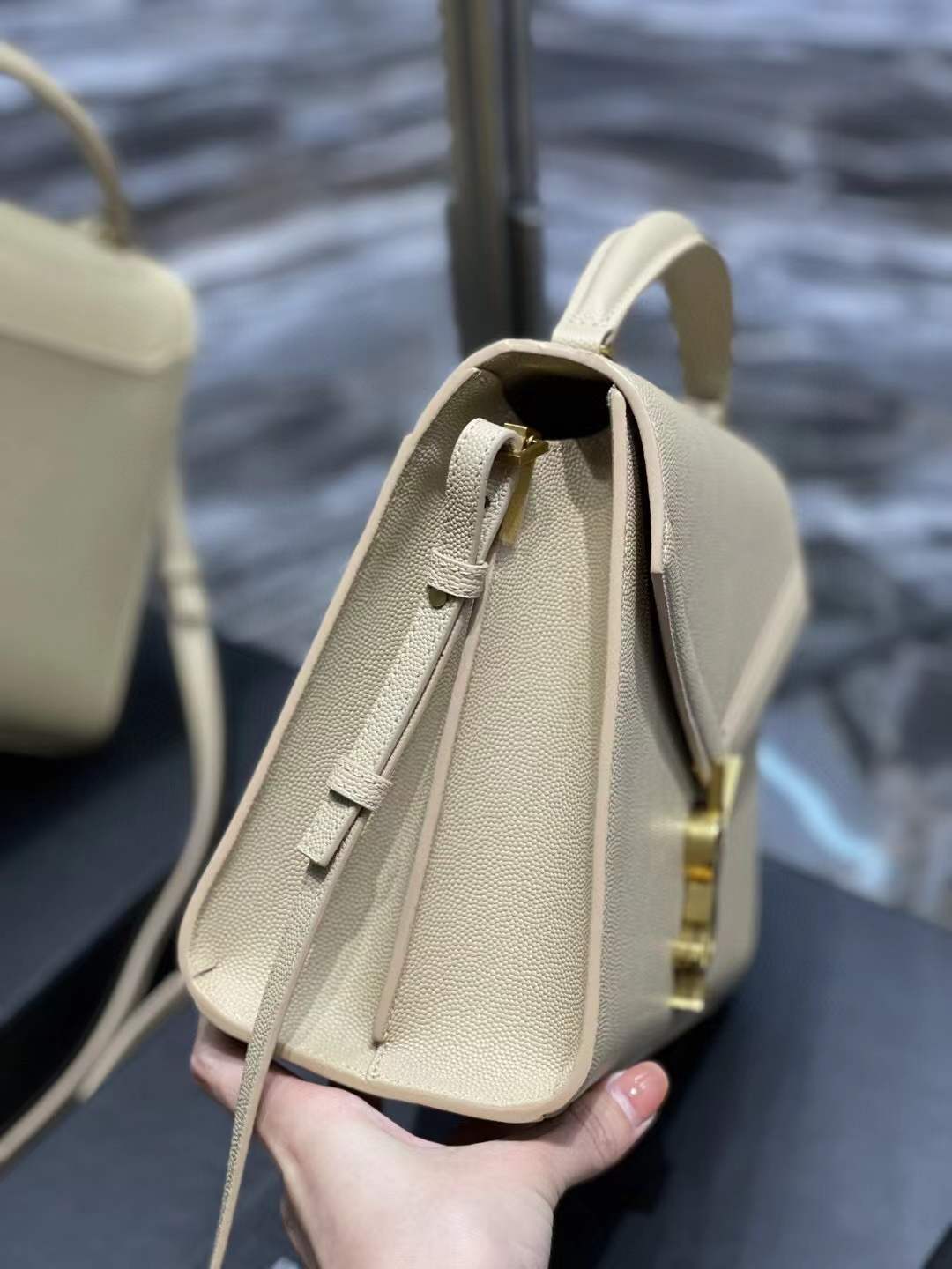 YSL Saint Laurent Cassandra Mini Top Handle Bag beige embossed leather