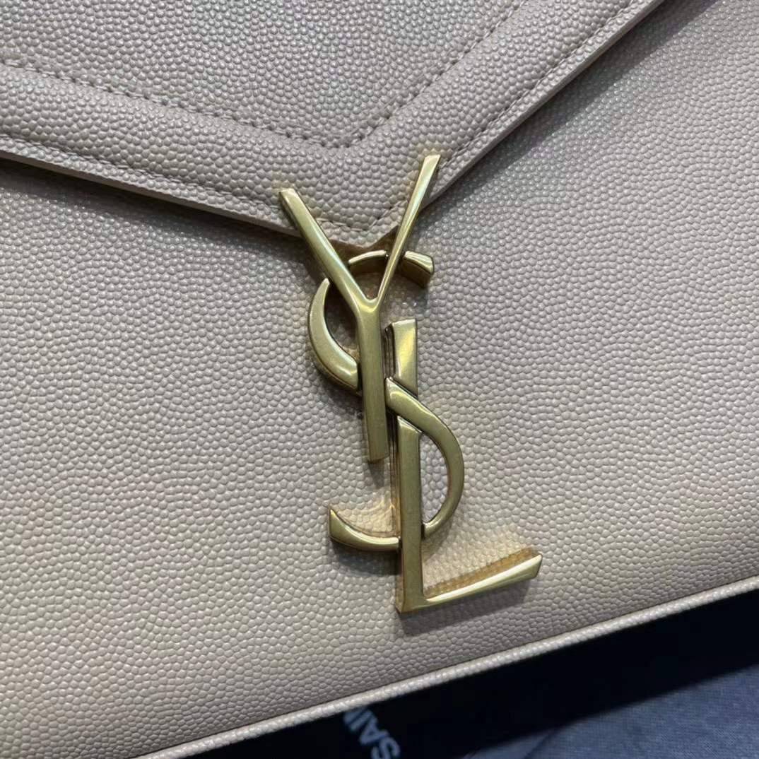 YSL Saint Laurent Cassandra Mini Top Handle Bag beige embossed leather