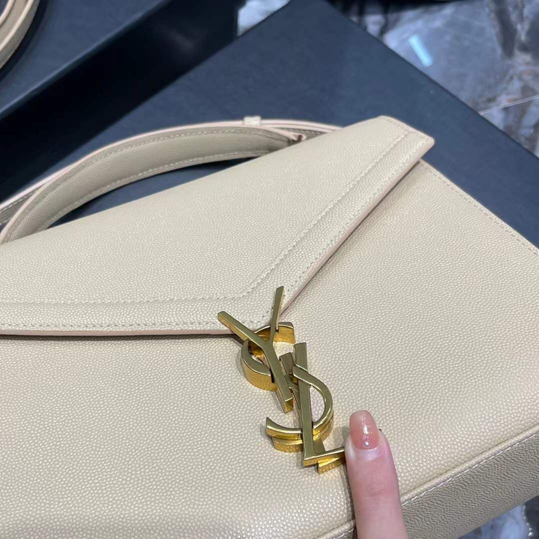 YSL Saint Laurent Cassandra Mini Top Handle Bag beige embossed leather