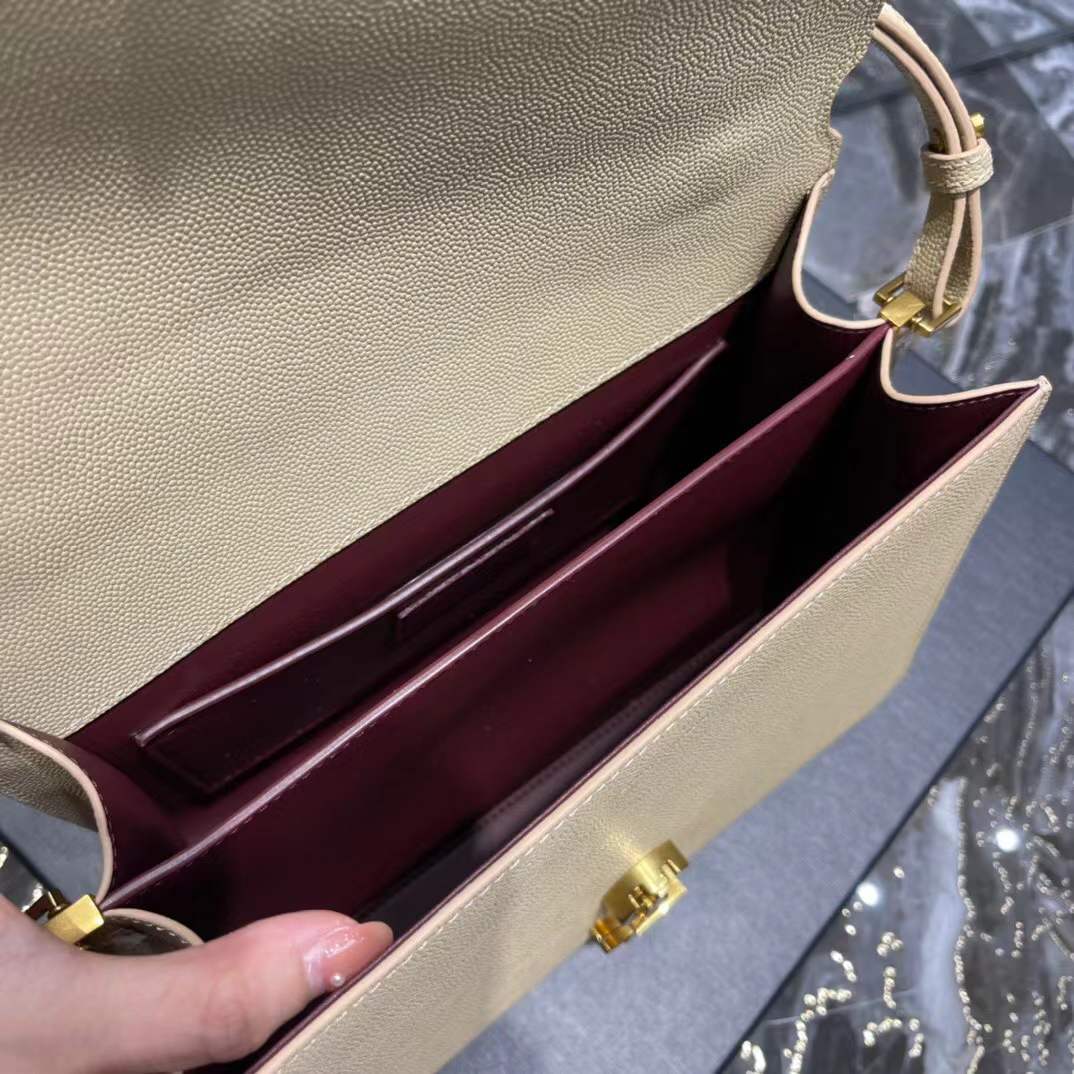 YSL Saint Laurent Cassandra Mini Top Handle Bag beige embossed leather