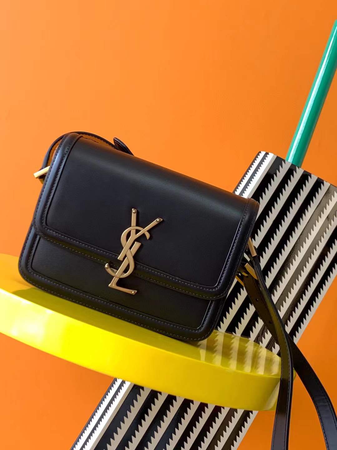Saint Laurent Solferino Small Satchel in smooth black leather with gold-tone hardware