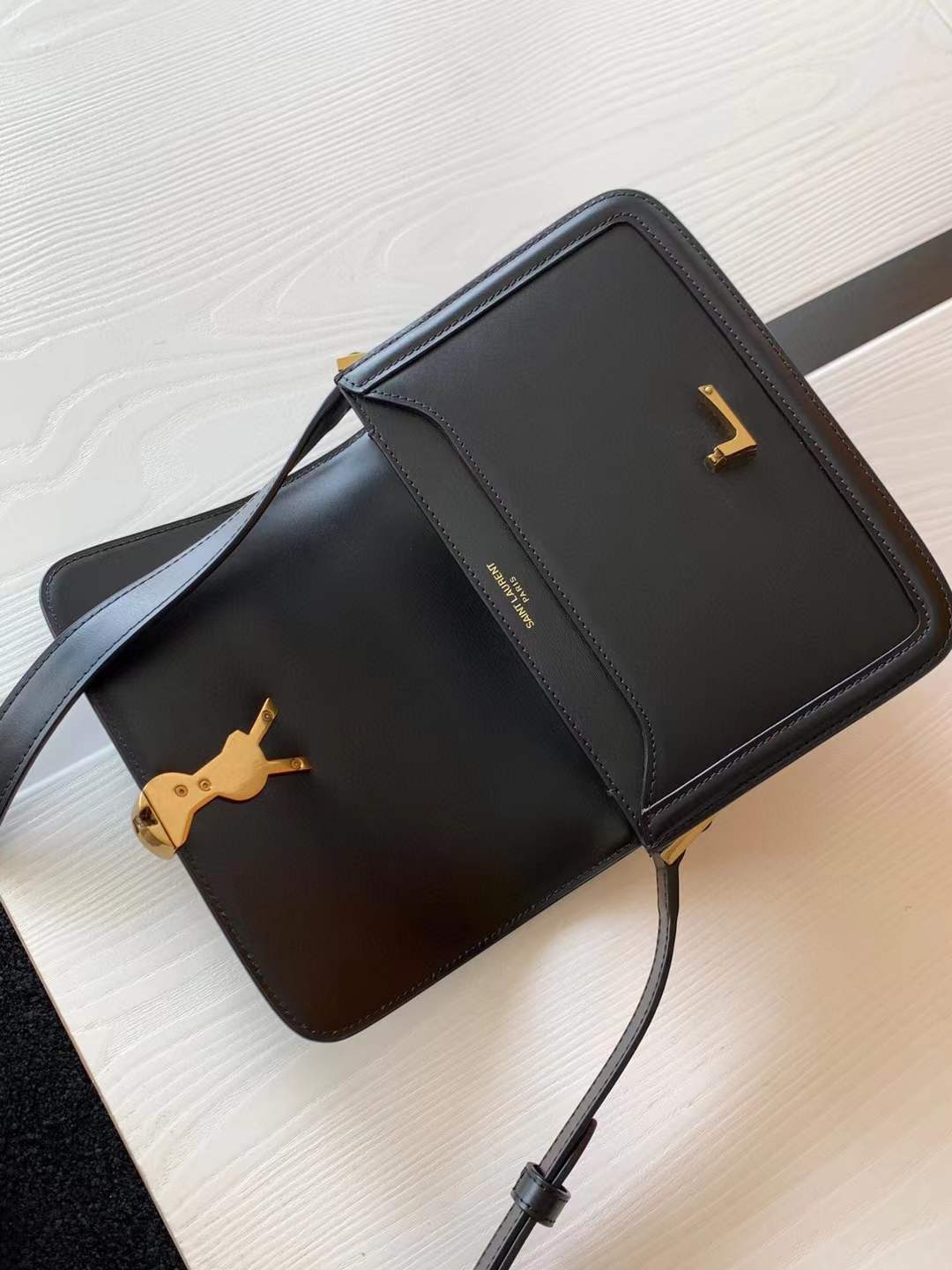 Saint Laurent Solferino Small Satchel in smooth black leather with gold-tone hardware