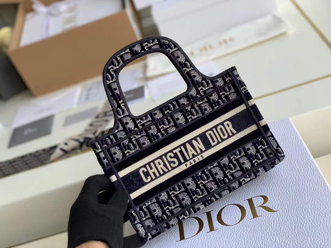 Christian Dior Mini Book Tote in Blue Dior Oblique Embroidery, which features the signature logo on the front