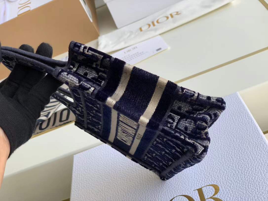 Christian Dior Mini Book Tote in Blue Dior Oblique Embroidery, which features the signature logo on the front