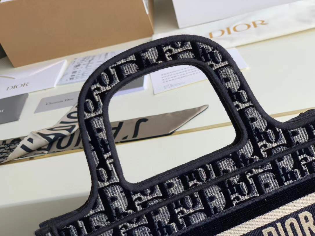 Christian Dior Mini Book Tote in Blue Dior Oblique Embroidery, which features the signature logo on the front