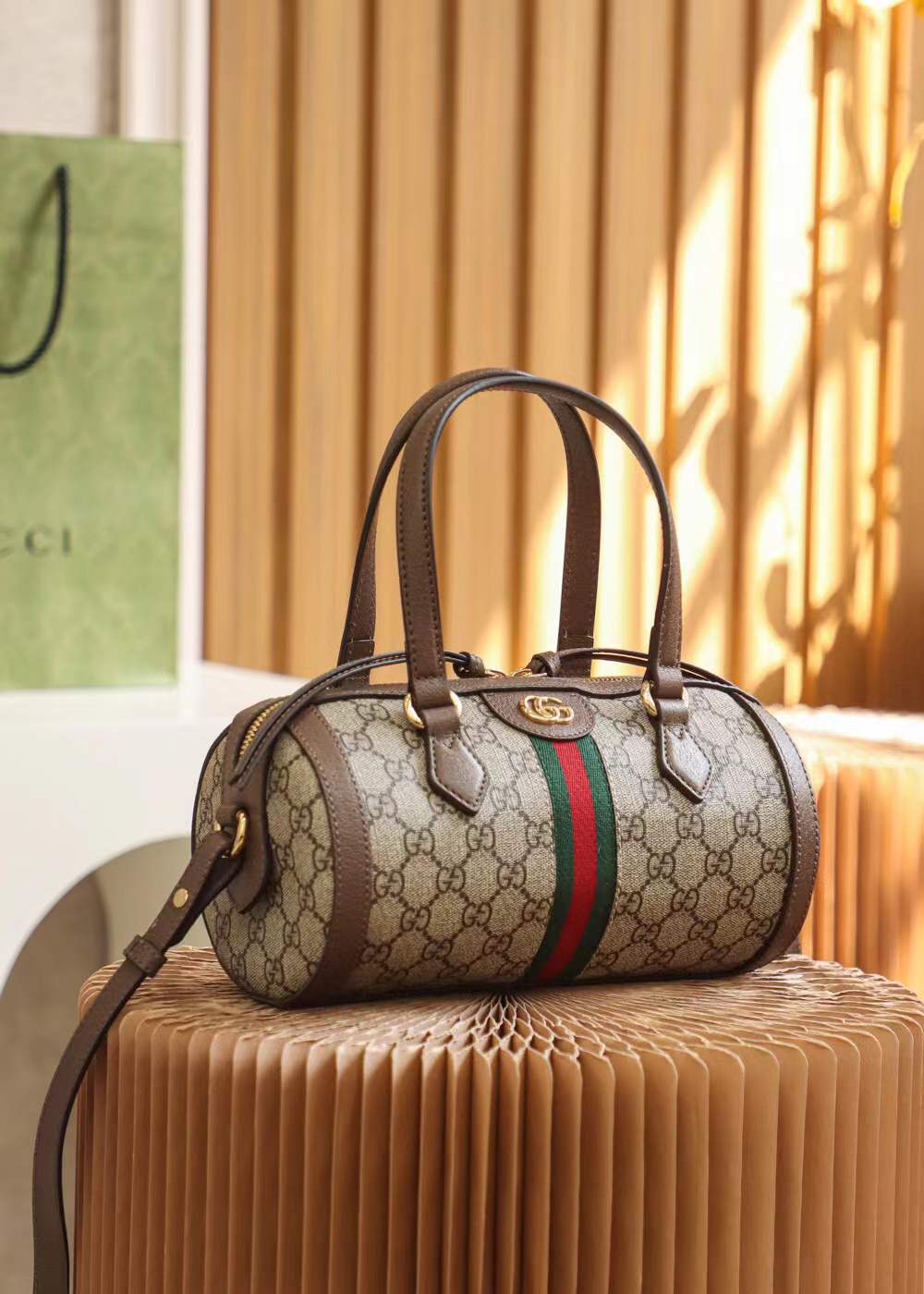 Gucci Ophidia GG Supreme Canvas and Leather Barrel Bag