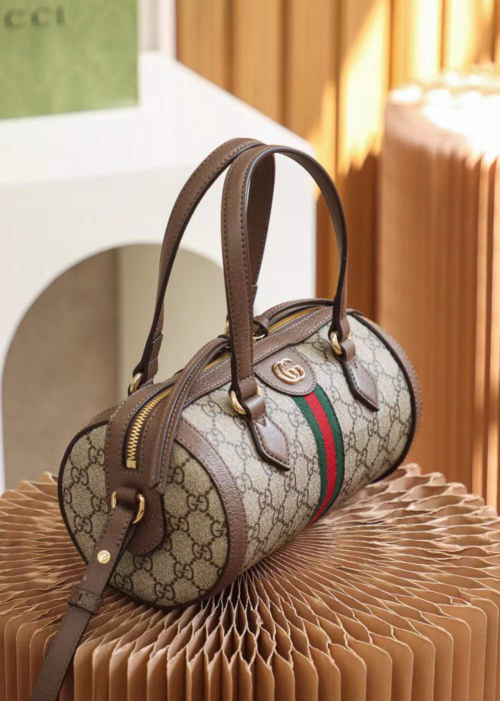 Gucci Ophidia GG Supreme Canvas and Leather Barrel Bag