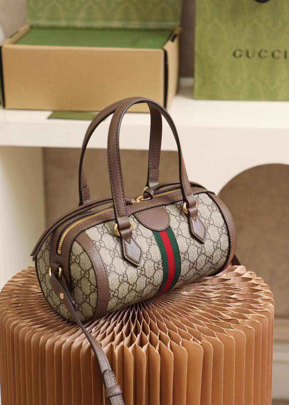 Gucci Ophidia GG Supreme Canvas and Leather Barrel Bag