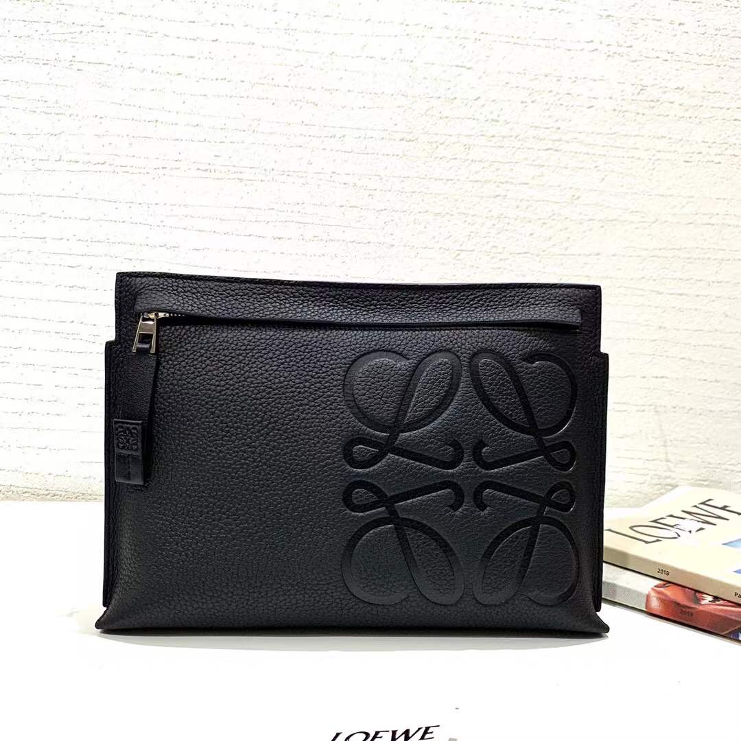 Loewe T Pouch in grained black leather featuring an embossed Anagram logo