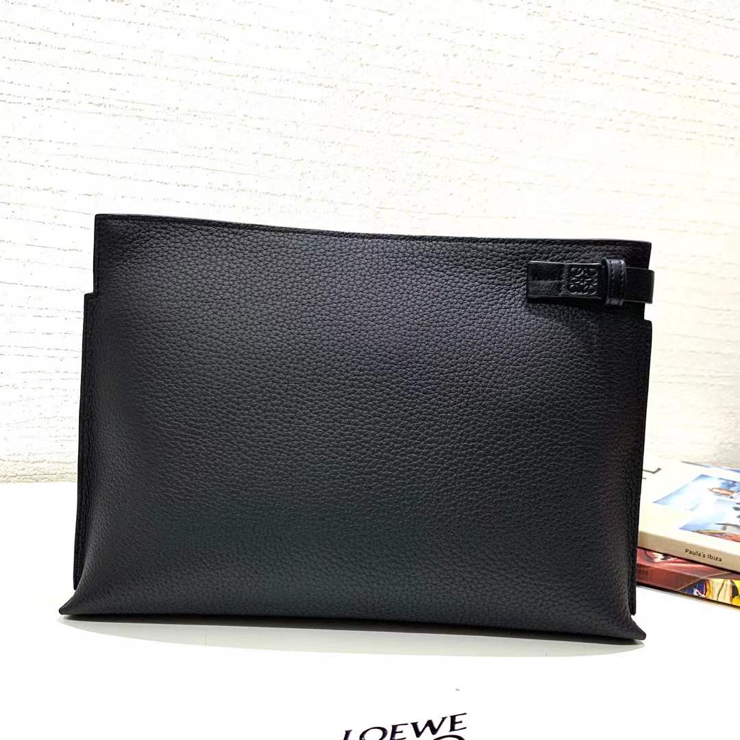 Loewe T Pouch in grained black leather featuring an embossed Anagram logo