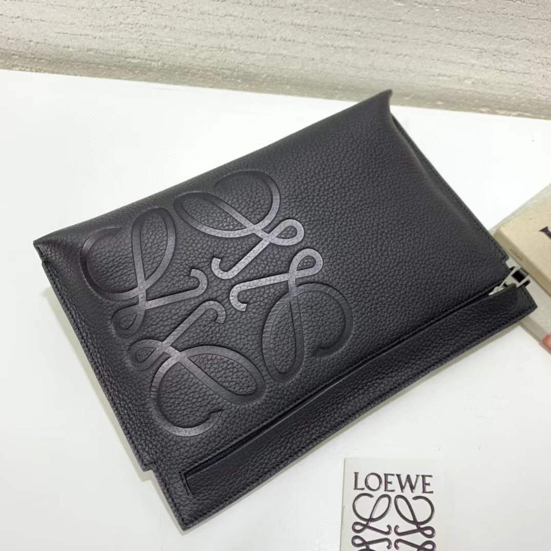 Loewe T Pouch in grained black leather featuring an embossed Anagram logo