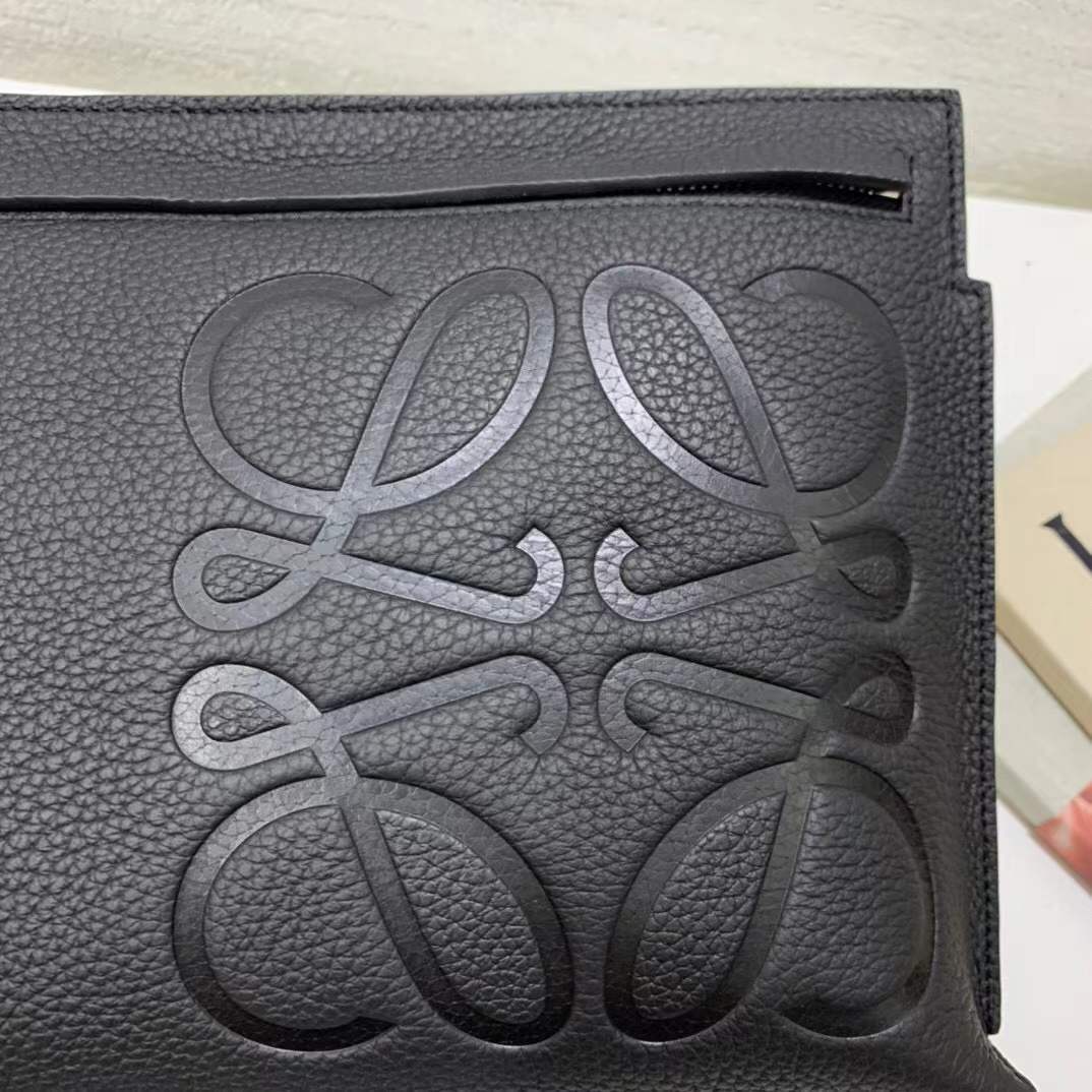 Loewe T Pouch in grained black leather featuring an embossed Anagram logo