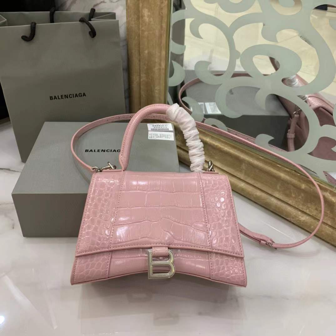 Balenciaga Hourglass bag in pink crocodile-embossed leather