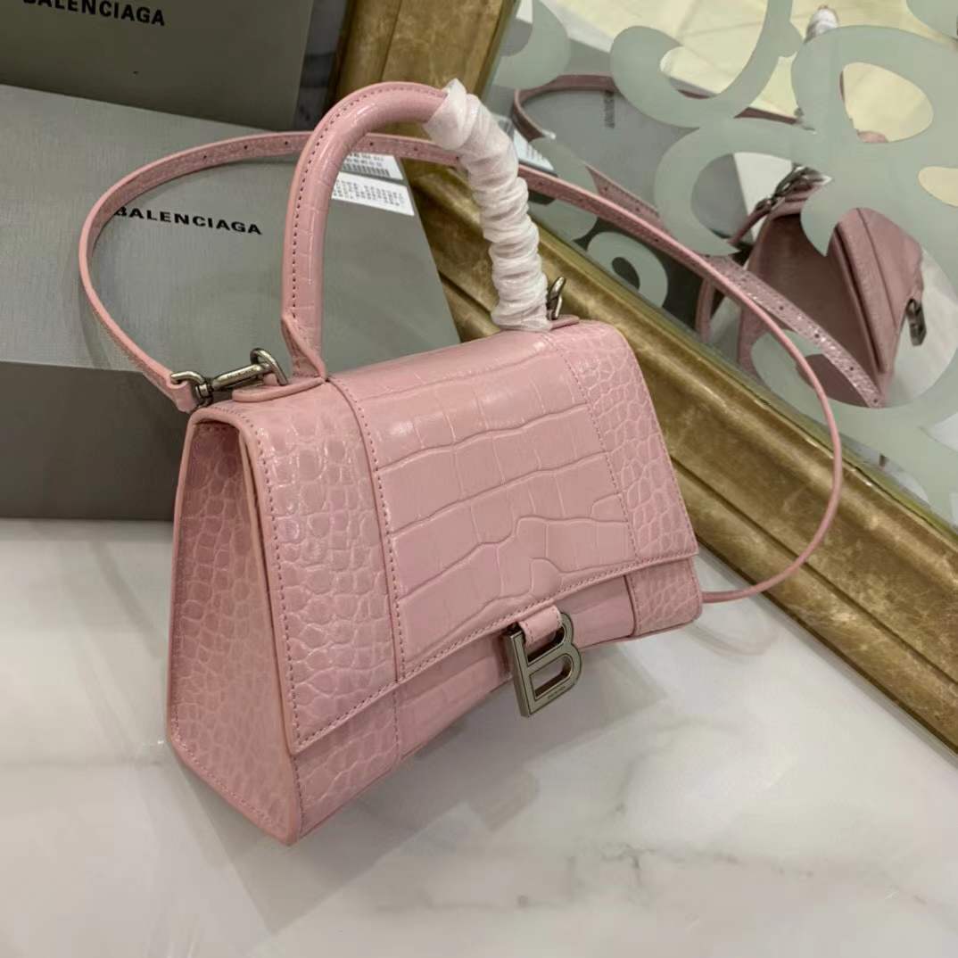 Balenciaga Hourglass bag in pink crocodile-embossed leather