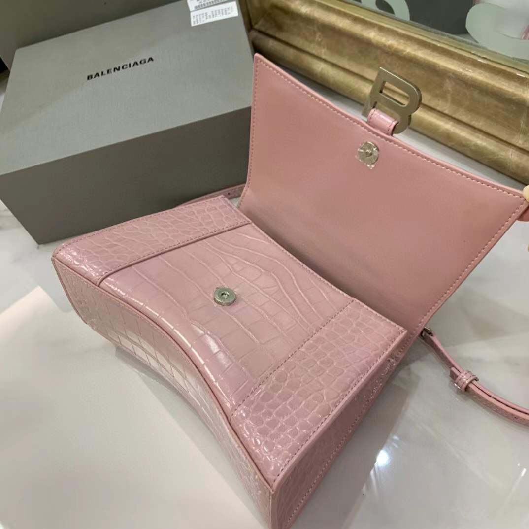 Balenciaga Hourglass bag in pink crocodile-embossed leather