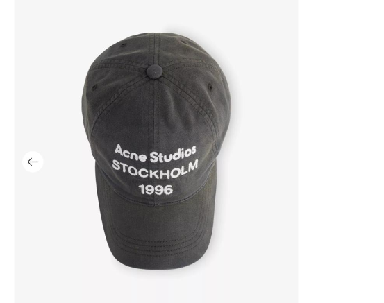 Acne Studios Stockholm 1996 cap in faded black crafted from washed cotton twill with an embroidered logo on the front panel