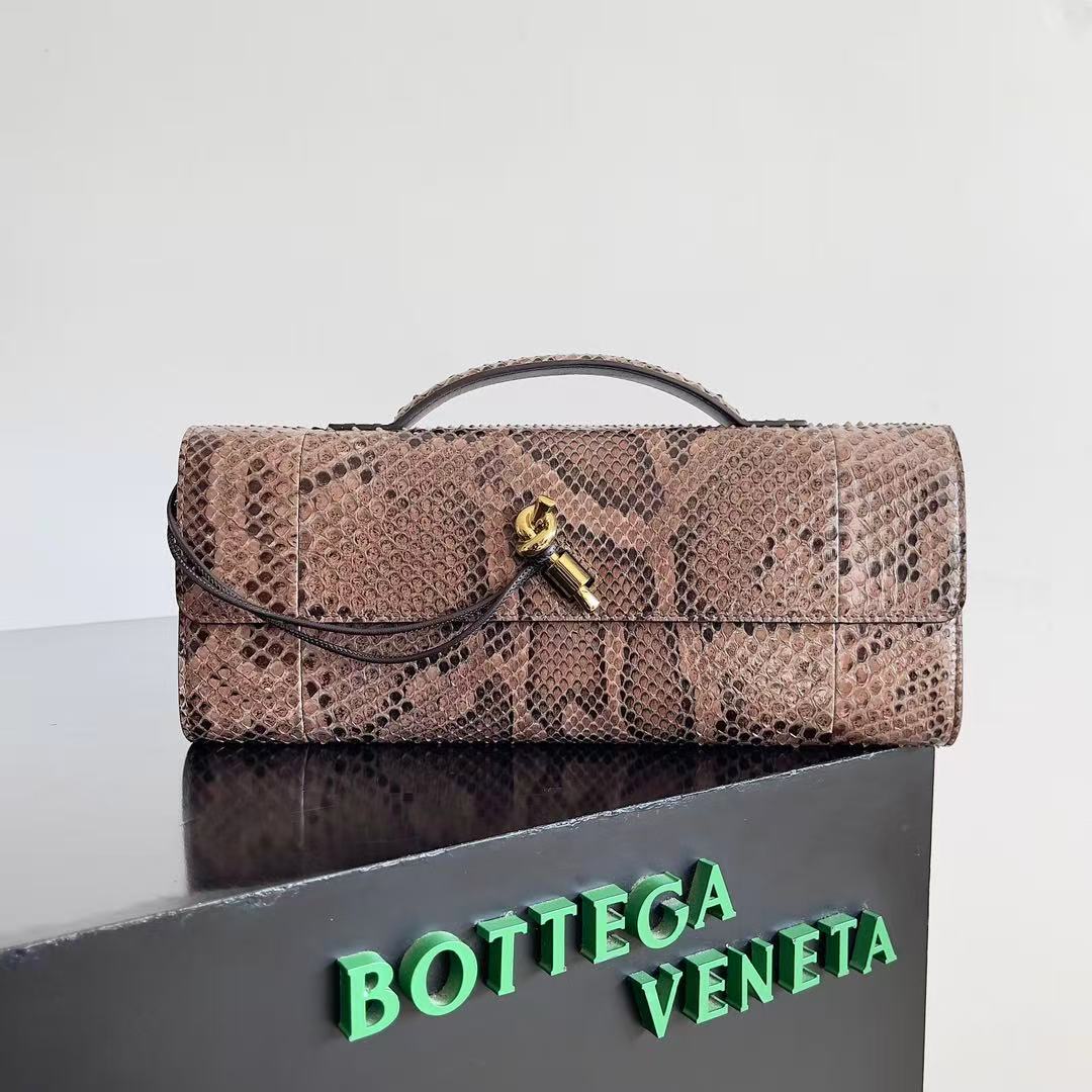 Bottega Veneta Andiamo clutch in python leather featuring a signature gold-tone knot closure