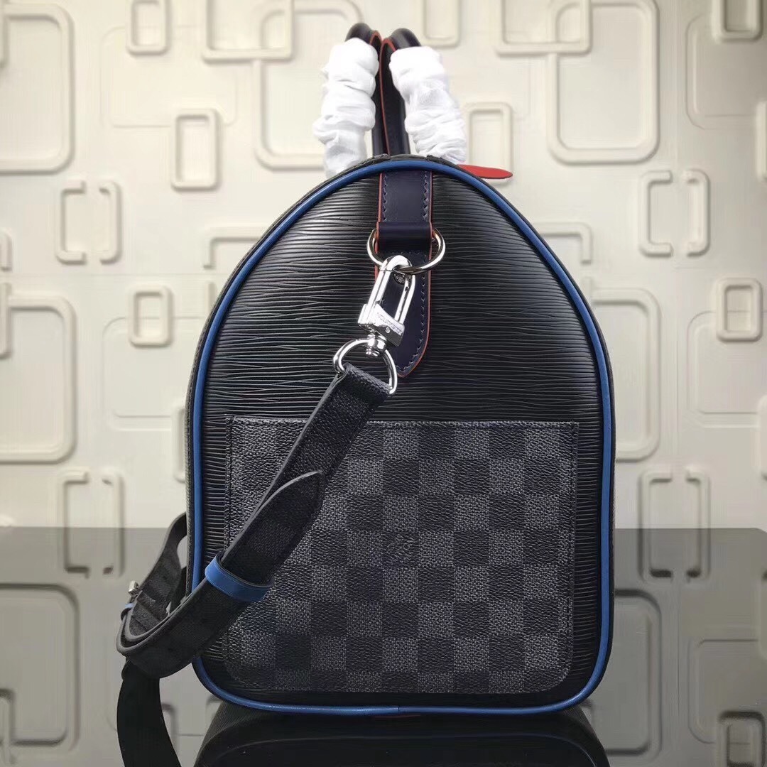LV Keepall Bandoulière bag crafted from black Epi leather with a Damier Graphite strap.