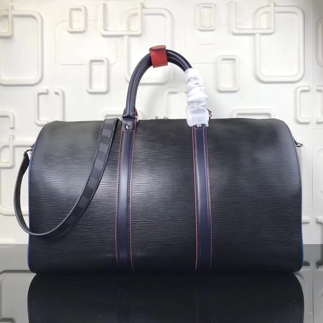 LV Keepall Bandoulière bag crafted from black Epi leather with a Damier Graphite strap.