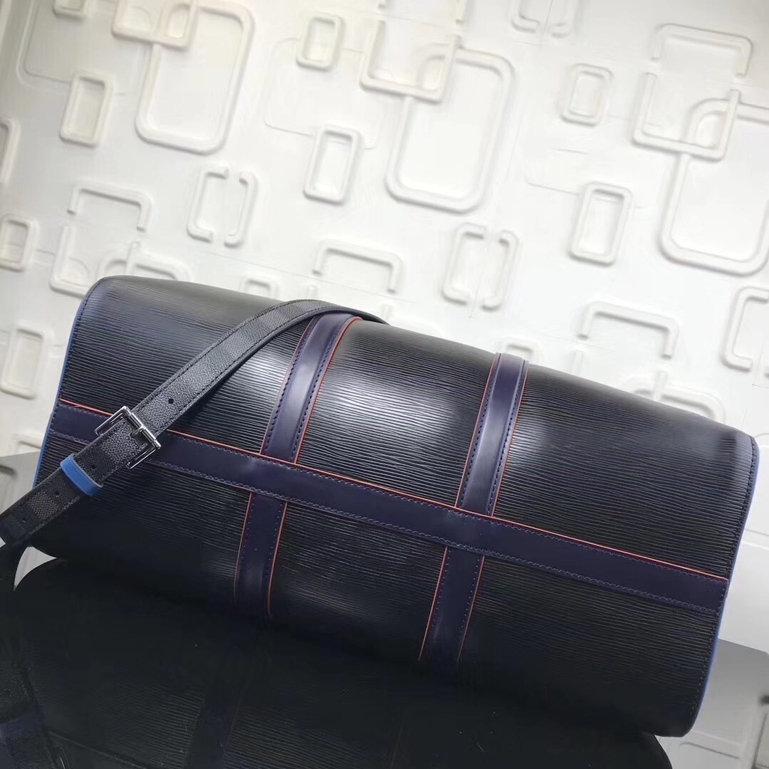 LV Keepall Bandoulière bag crafted from black Epi leather with a Damier Graphite strap.