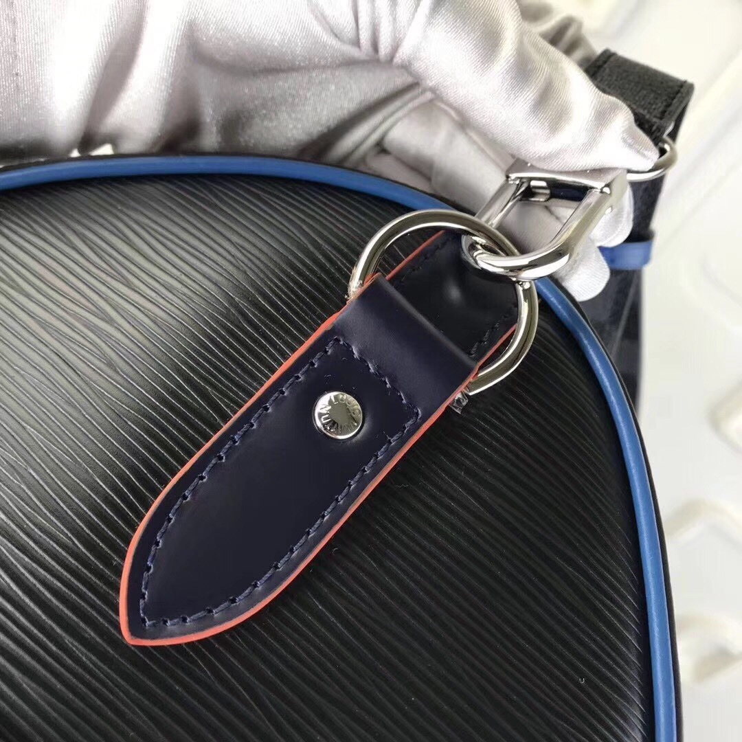 LV Keepall Bandoulière bag crafted from black Epi leather with a Damier Graphite strap.