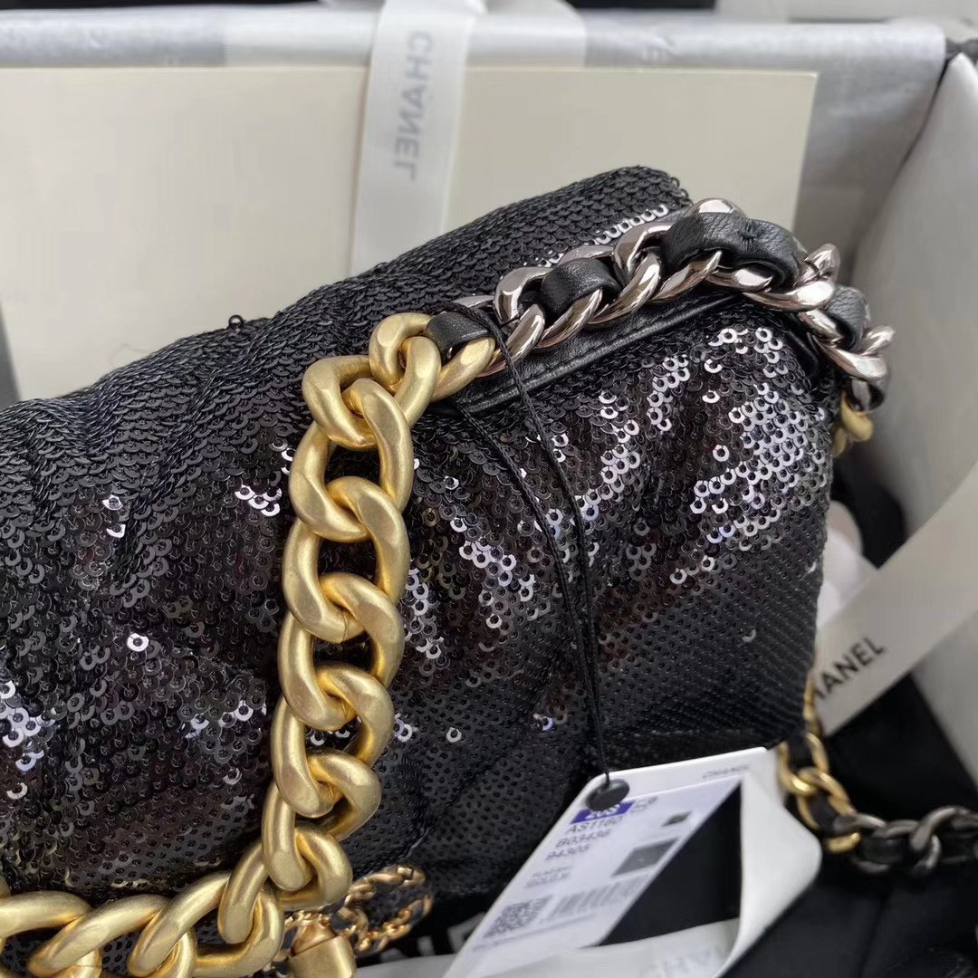 Chanel 19 Flap Bag black quilted sequin material with gold and silver hardware