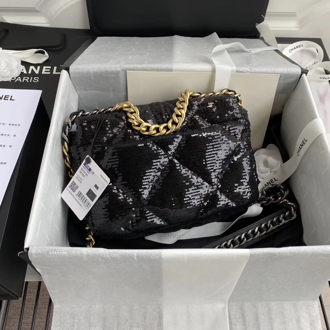 Chanel 19 Flap Bag black quilted sequin material with gold and silver hardware