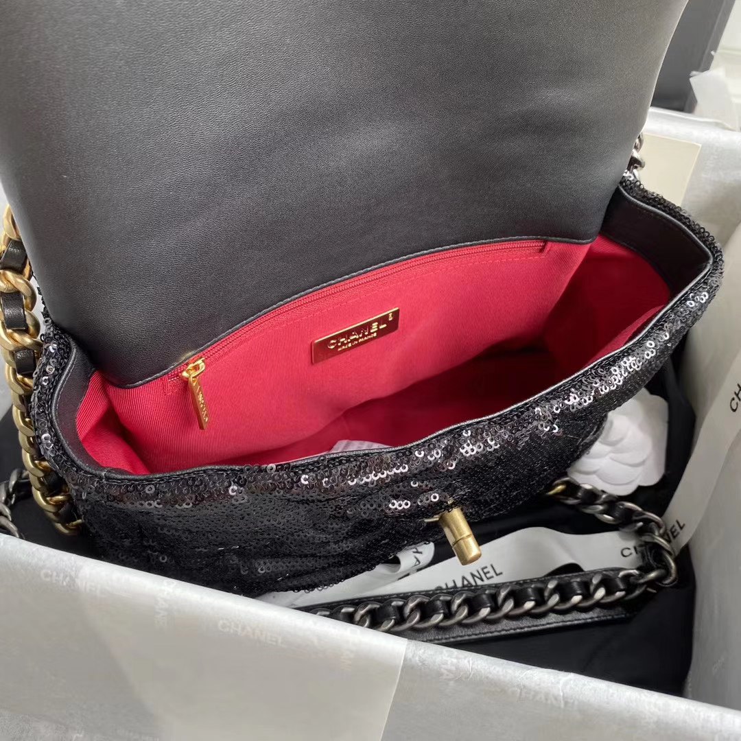 Chanel 19 Flap Bag black quilted sequin material with gold and silver hardware