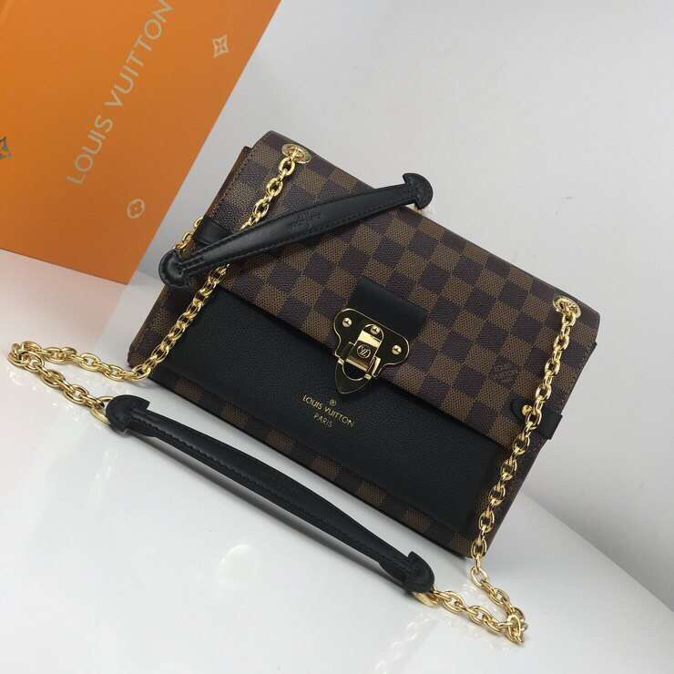 LV Vavin PM bag in Damier Ebene canvas with black leather trim.