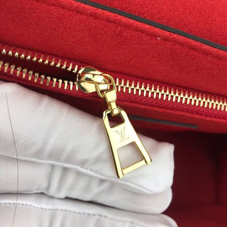LV Vavin PM bag crafted from Damier Ebene canvas with a red leather flap and gold-tone chain strap.