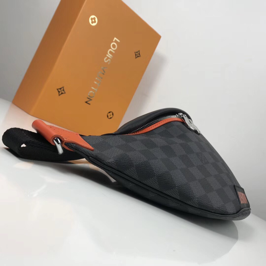 LV Discovery Bumbag, specifically the Limited Edition Damier Cobalt Race model featuring orange accents.