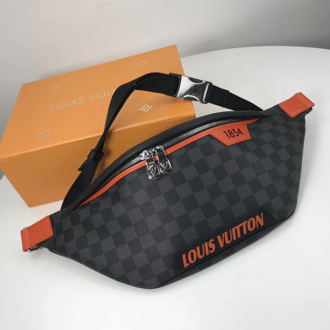 LV Discovery Bumbag, specifically the Limited Edition Damier Cobalt Race model featuring orange accents.