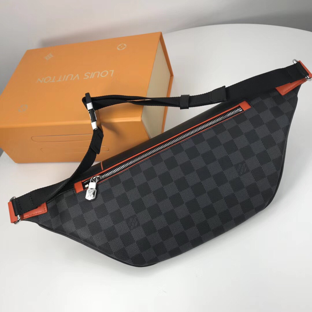 LV Discovery Bumbag, specifically the Limited Edition Damier Cobalt Race model featuring orange accents.