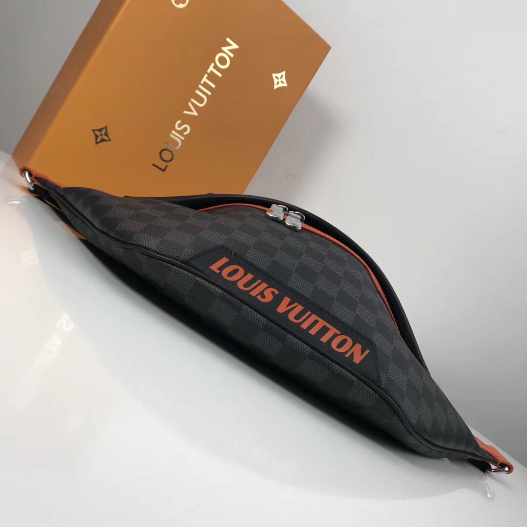 LV Discovery Bumbag, specifically the Limited Edition Damier Cobalt Race model featuring orange accents.