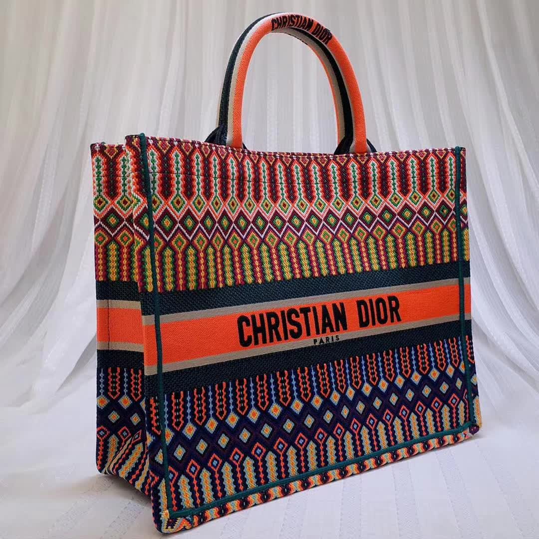 Christian Dior Large Book Tote Bag in orange and multicolor embroidered canvas