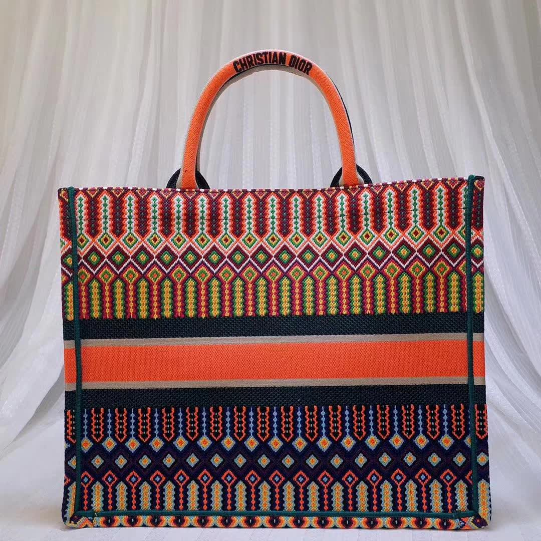Christian Dior Large Book Tote Bag in orange and multicolor embroidered canvas
