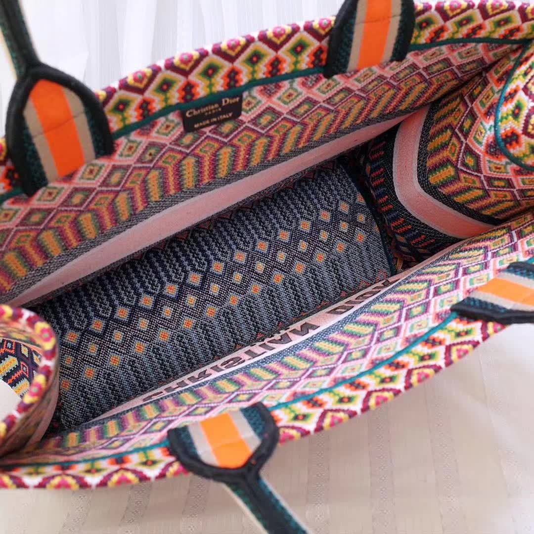 Christian Dior Large Book Tote Bag in orange and multicolor embroidered canvas