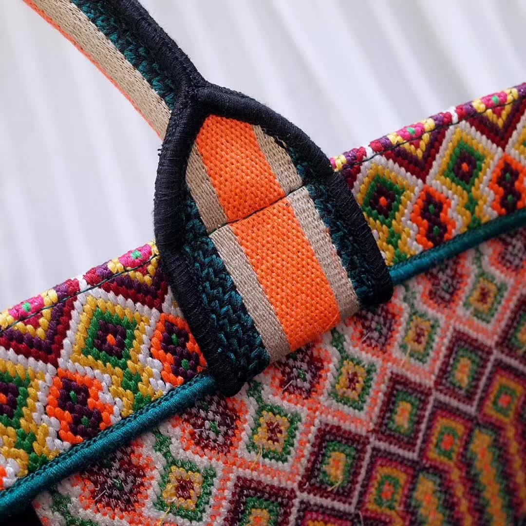 Christian Dior Large Book Tote Bag in orange and multicolor embroidered canvas